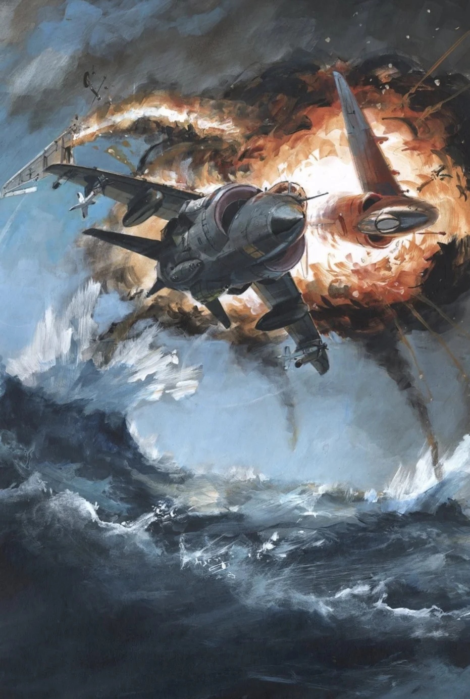 艺术家笔下的马岛战争中的鹞式战斗机击落A4