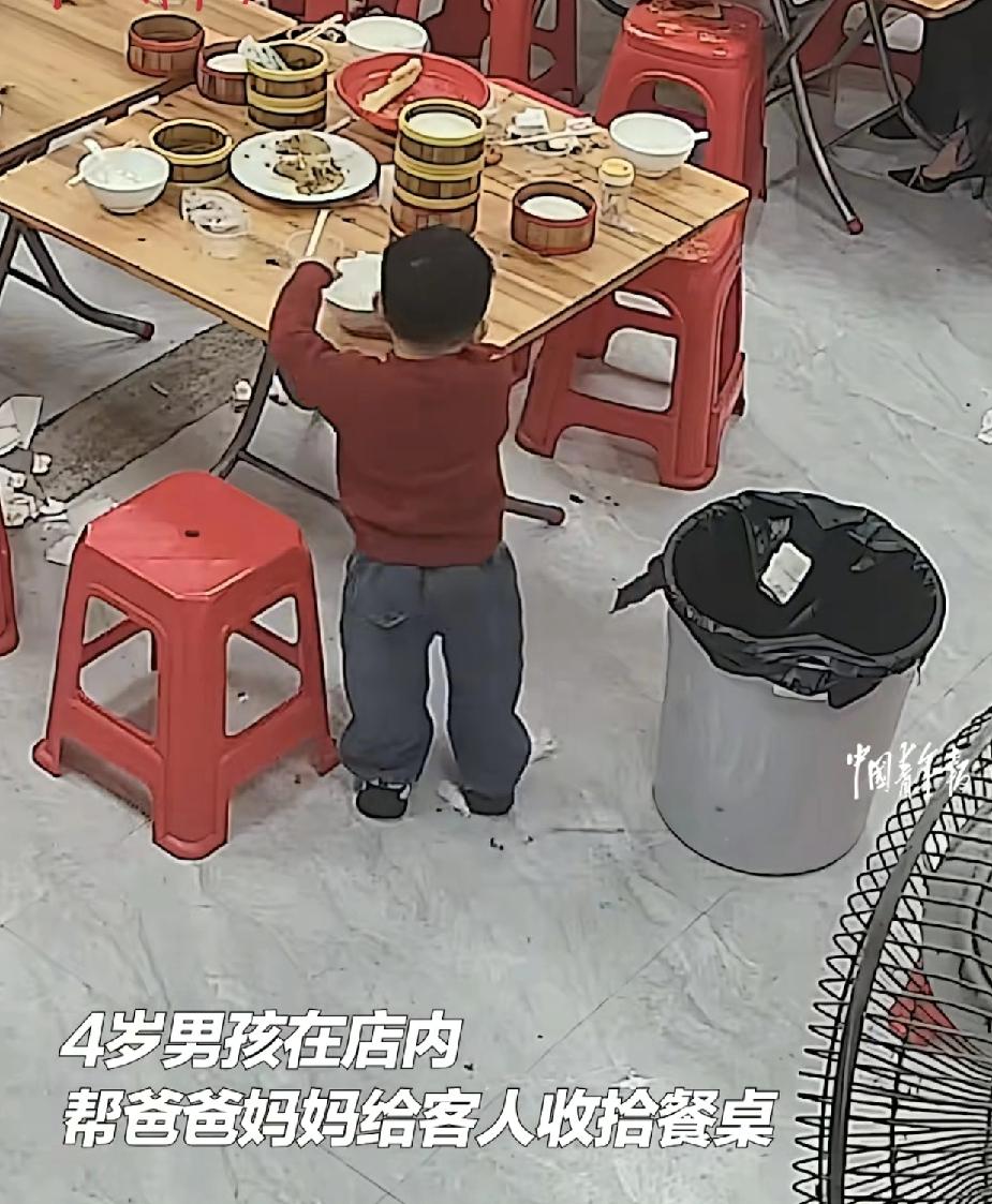广东揭阳一名4岁男孩在餐饮店里帮忙爸妈收桌子，动作丝滑利索，看起来就像老员工一样