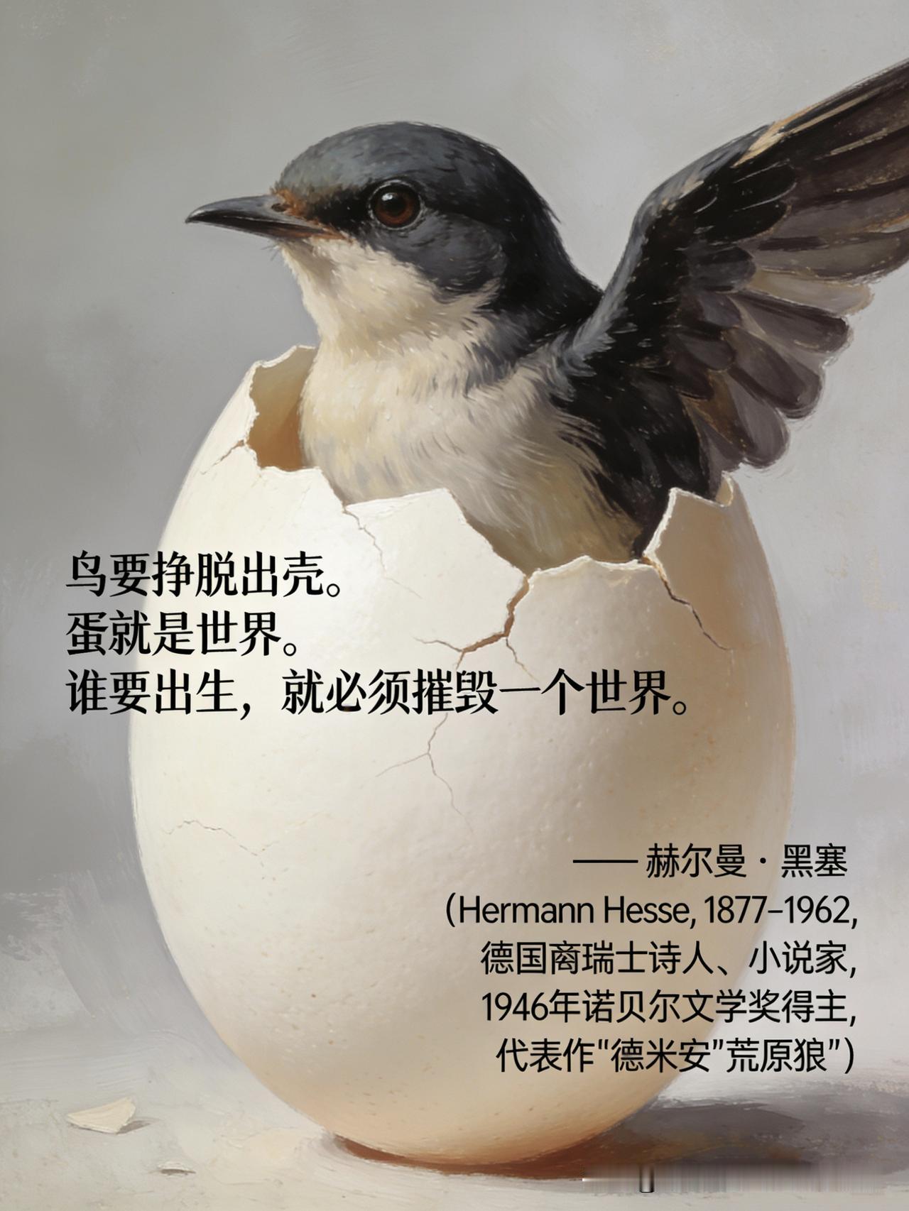 【名人名言】

鸟要挣脱出壳。蛋就是世界。谁要出生，就必须摧毁一个世界。

——