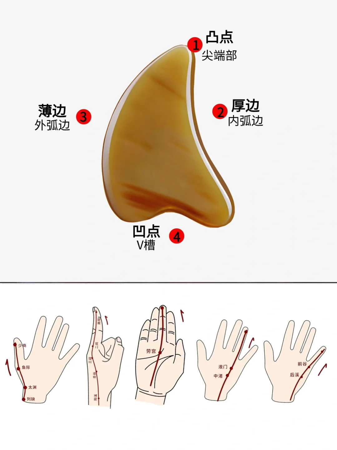 V形牛角刮痧板结构及手部使用位置说明