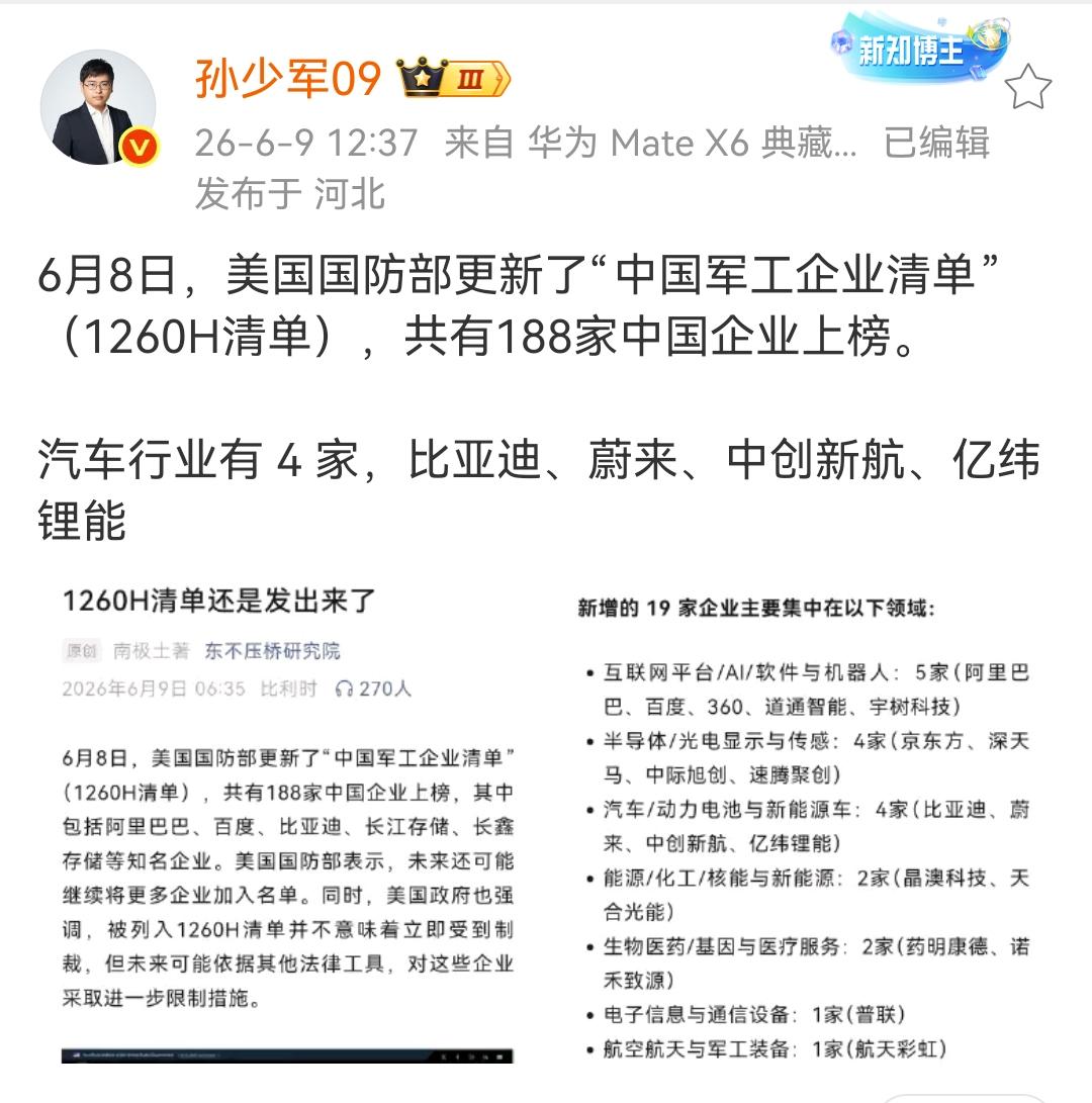 孙少军：6月8日，美国国防部更新了“中国军工企业清单”（1260H清单），共有1