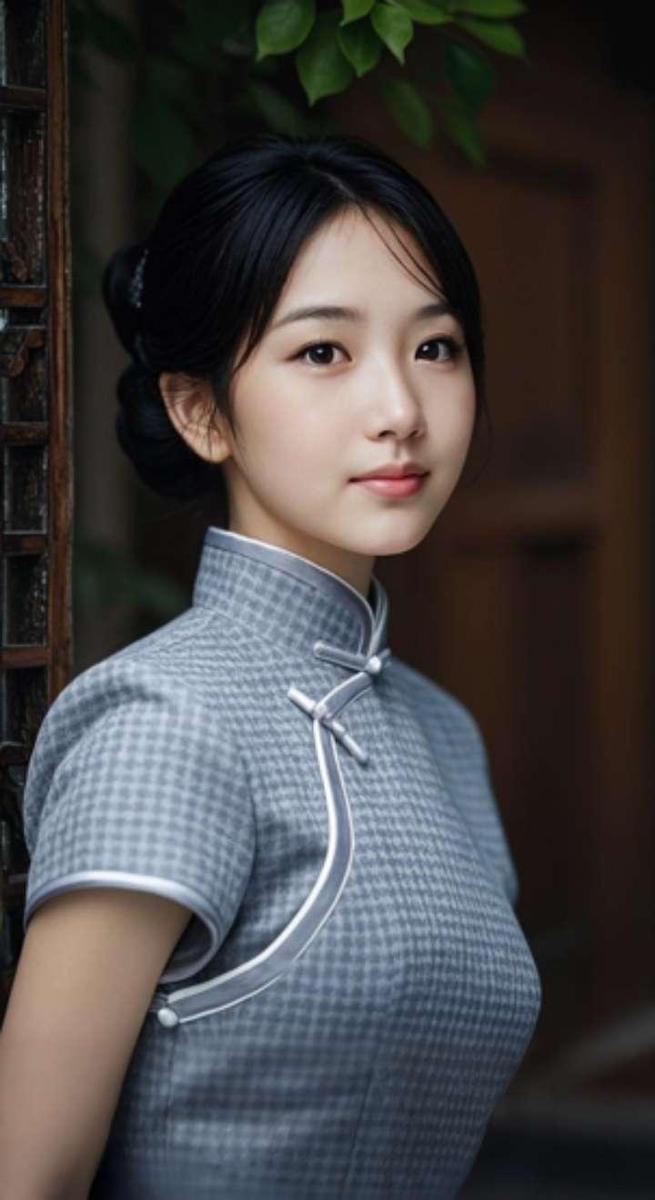 AI扩图 AI灰格旗袍韵