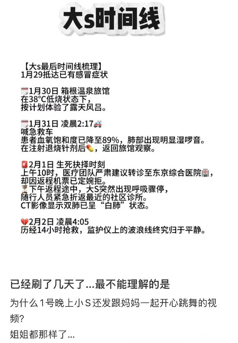 我只记得当时大 s 病情严重，小 s 在社交平台分享了和老妈热舞的动态，后来大 