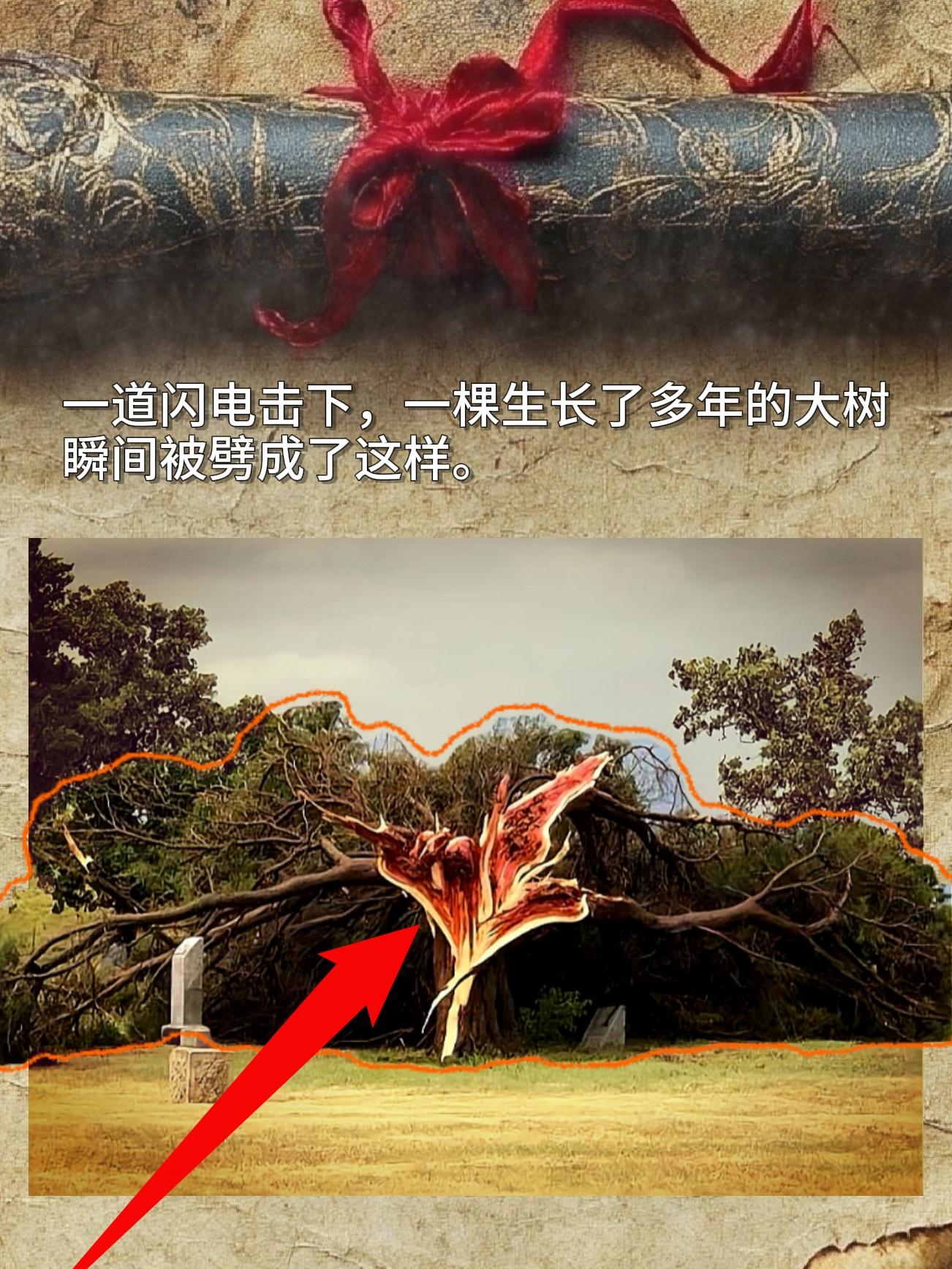 一道闪电击下，一棵生长了多年的大树瞬间被劈成了这样。