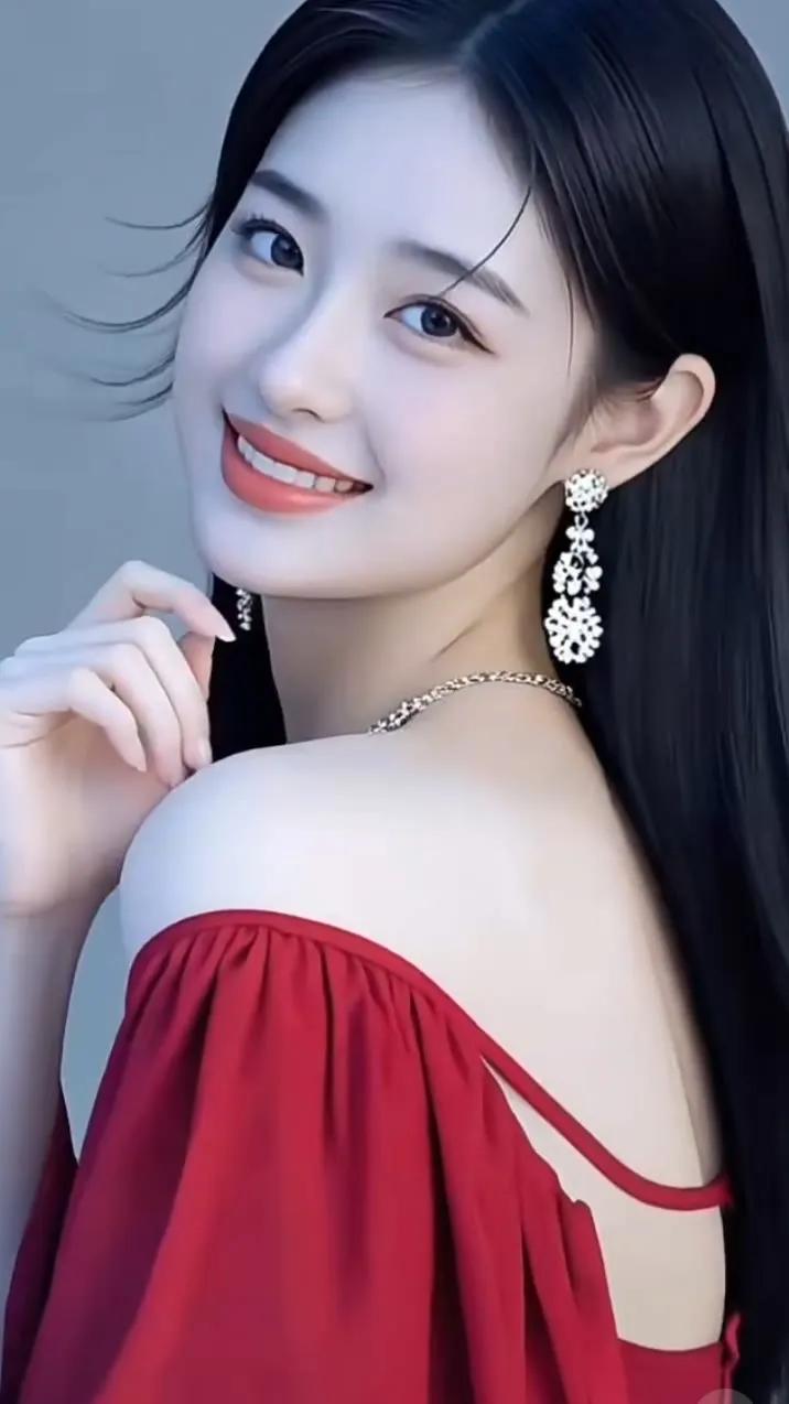 优雅红裙，闪耀耳环，甜美笑容，气质女神！💃💃💃
