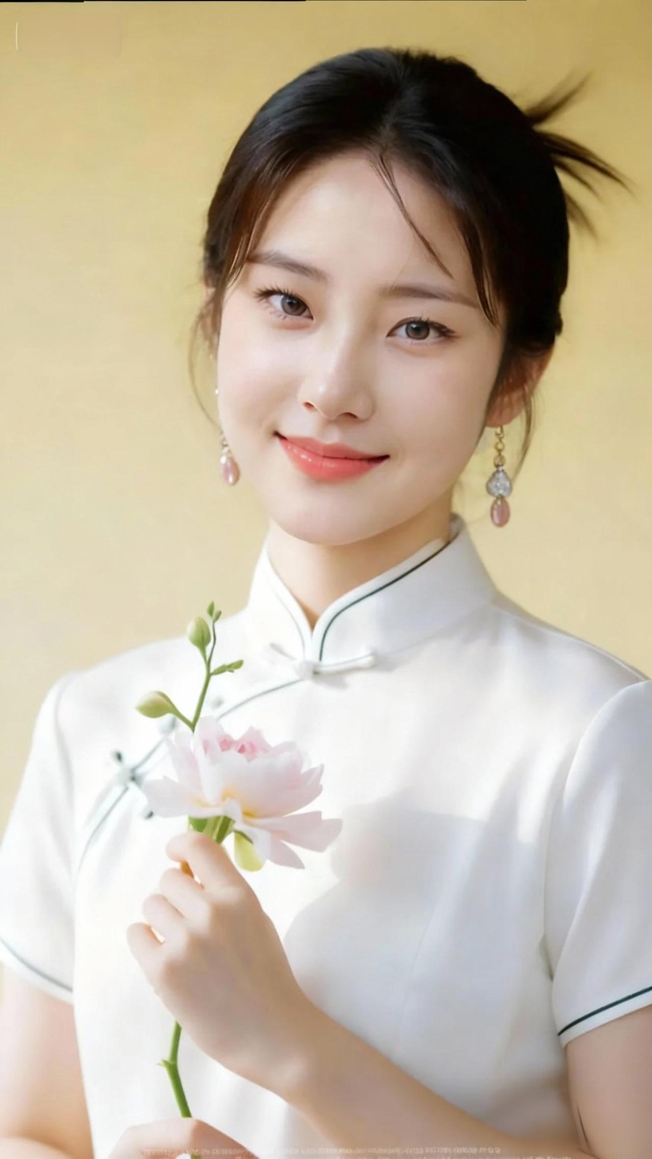 温柔笑靥，手持粉色莲花，古典优雅，韵味十足。