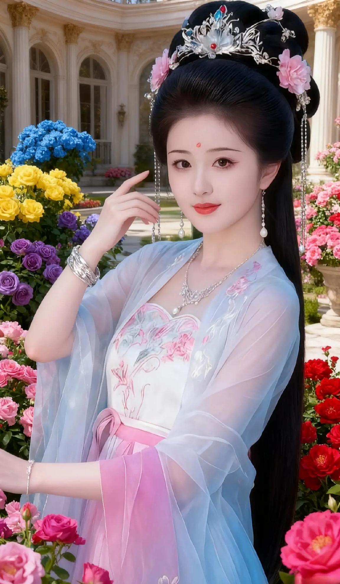 穿越时空的古典美人，花海中的优雅仙子