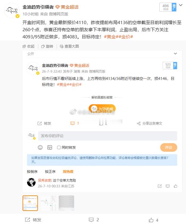 周四黄金布局四单，四单盈利 4116做空，下跌至4106获利100个点；4122