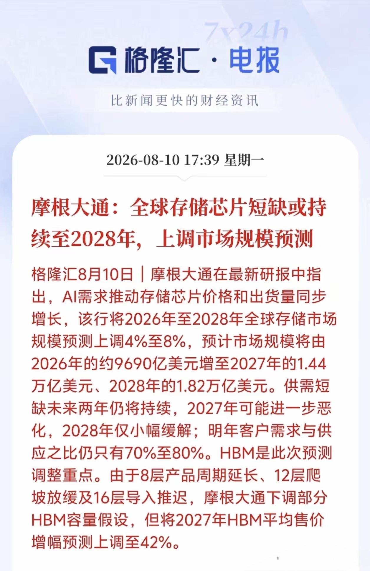 根据摩根大通，所提到的，全球存储芯片短缺将持续到2028年，依然上调市场的规模预