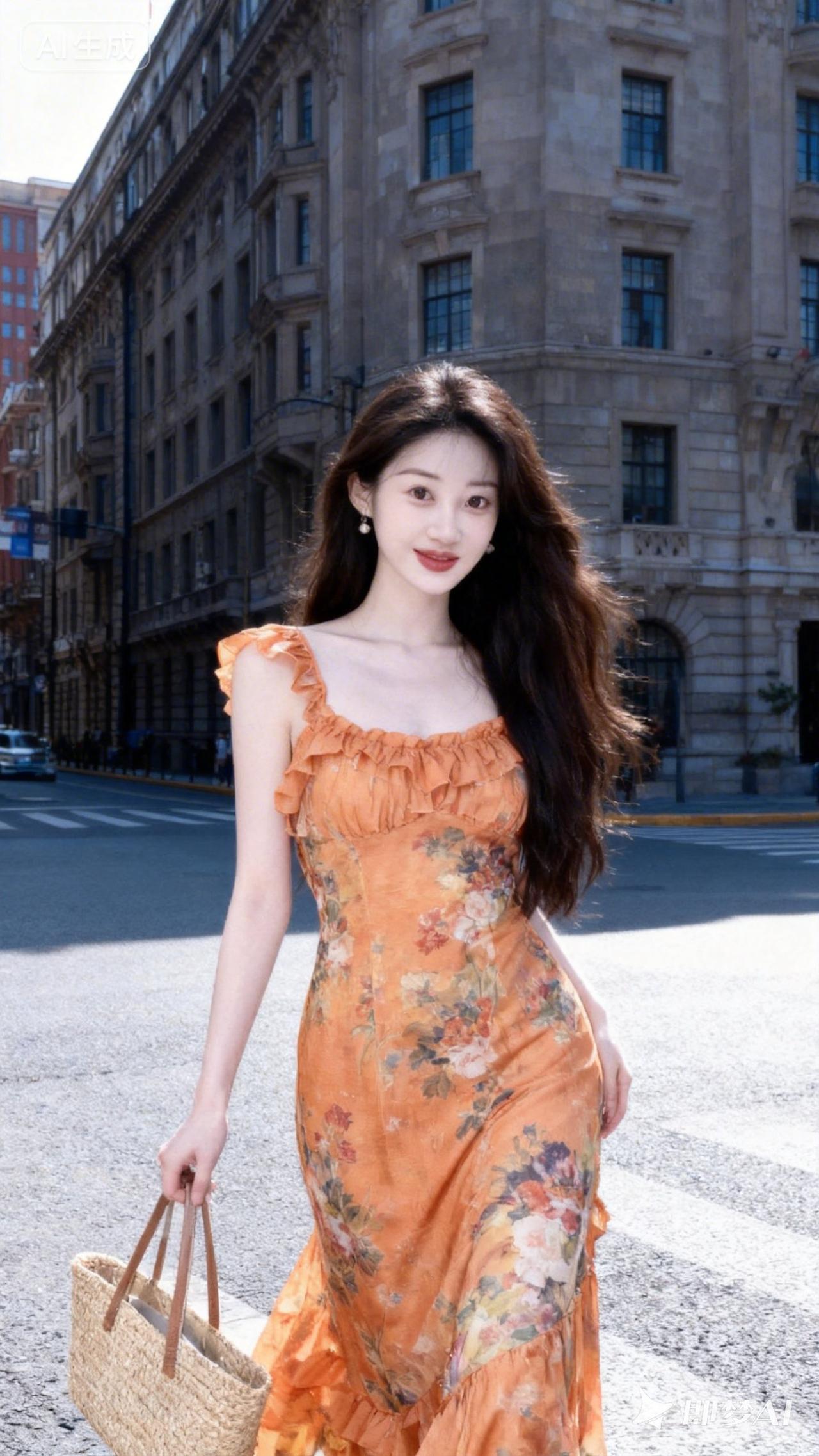 优雅漫步在城市街头，橙花连衣裙与复古建筑相映成趣。