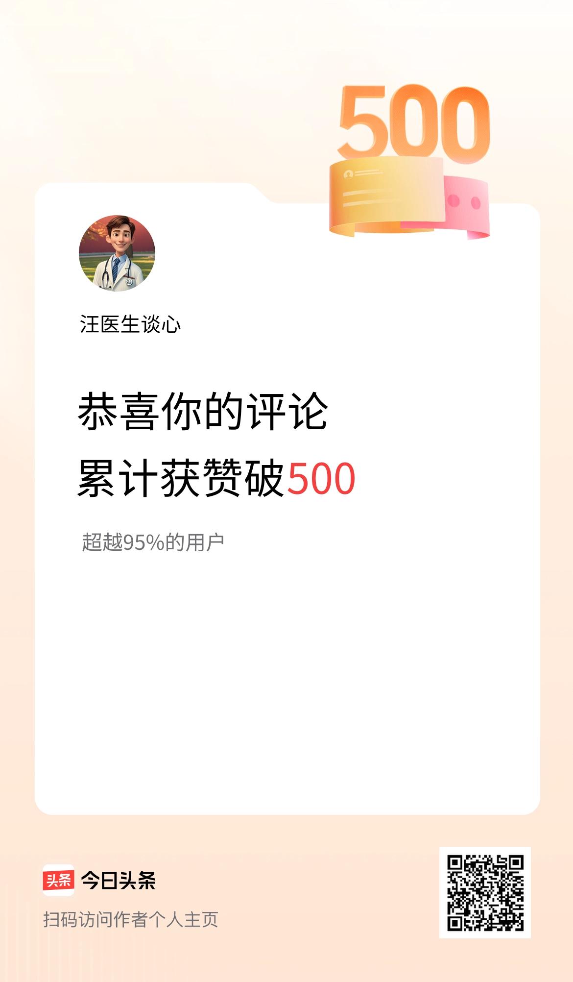 我在头条的评论累计被点赞500次啦！