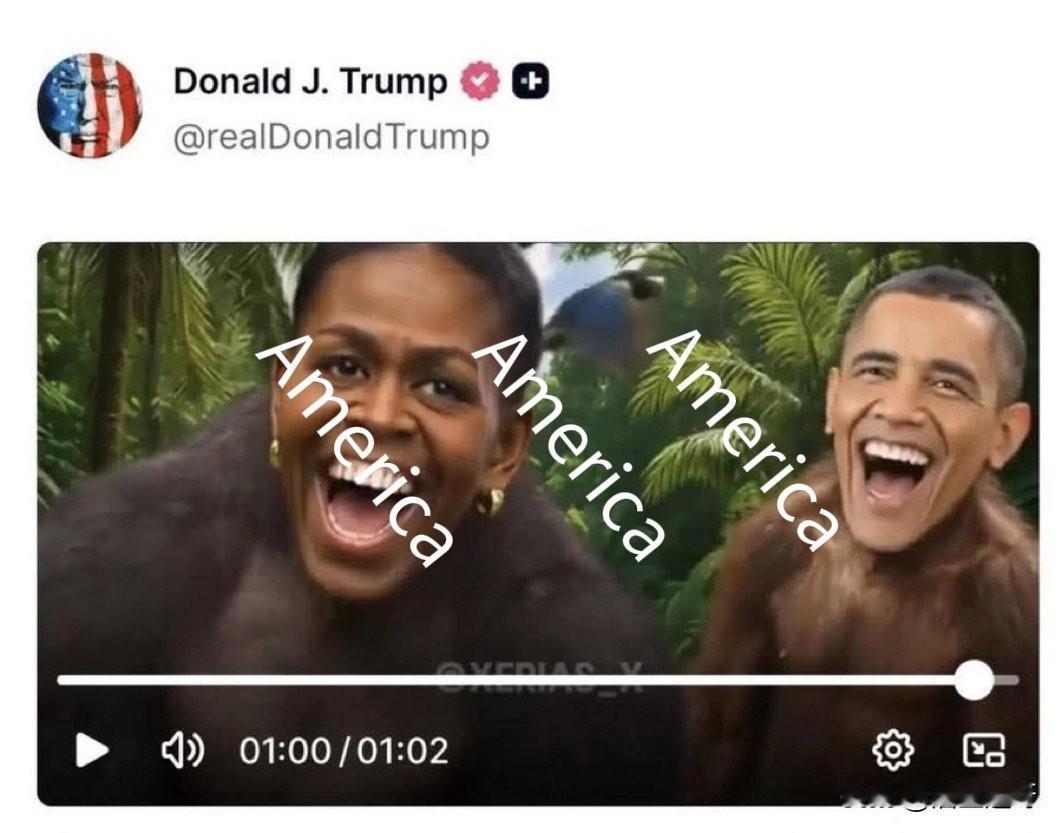 2月6日凌晨，川普总统的Truth social账号发布了一张侮辱奥巴马夫妇的图