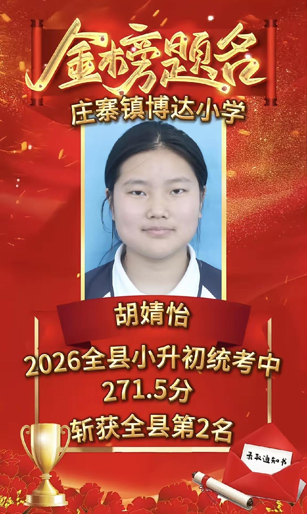 曹县庄寨镇博达小学2026小升初最高分271.5分（满分280）位列全县第二，还