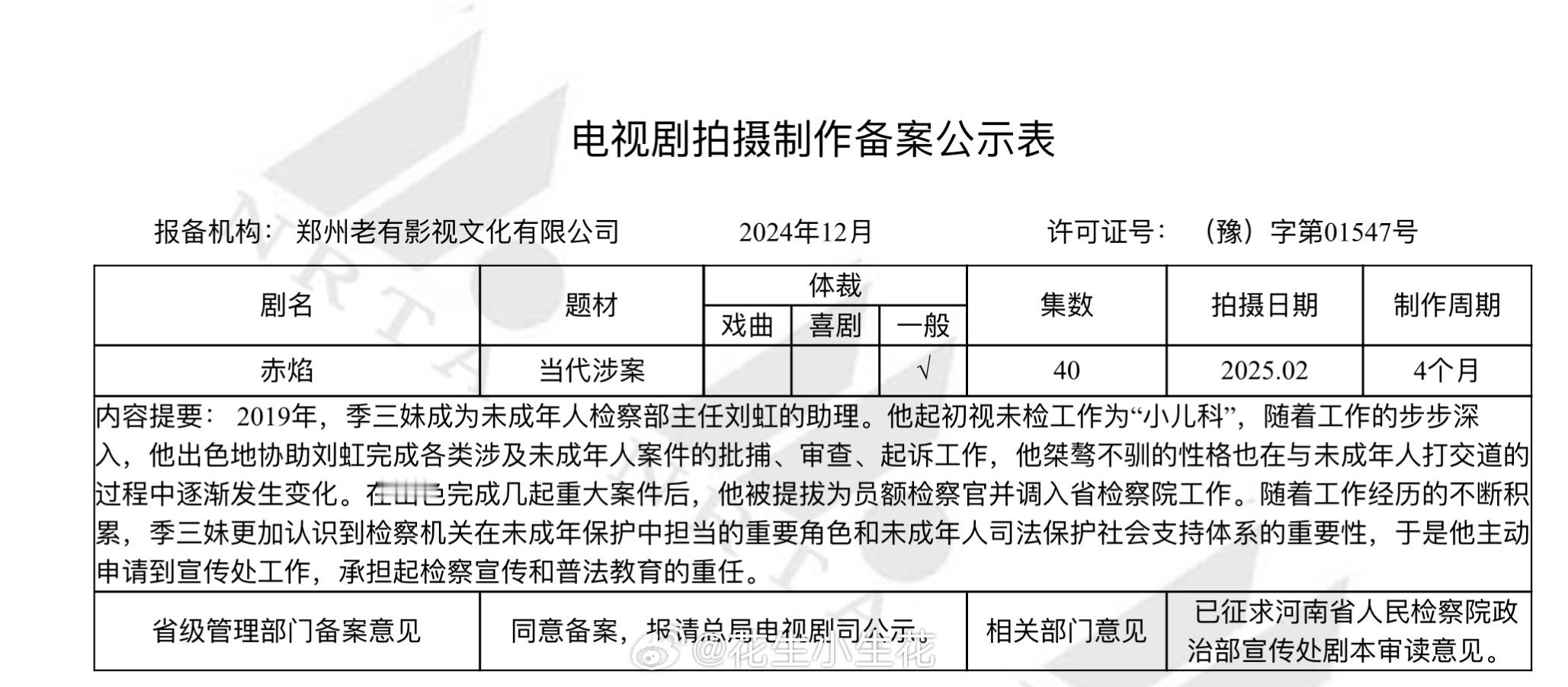 电视剧《赤焰》备案  电视剧赤焰  出品：老有影视集数：40集节后开机内容提要：