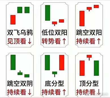 新手必备基础K线形态双飞乌鸦——见顶看跌低位双阳转世——看涨跳空双阳——持续看涨