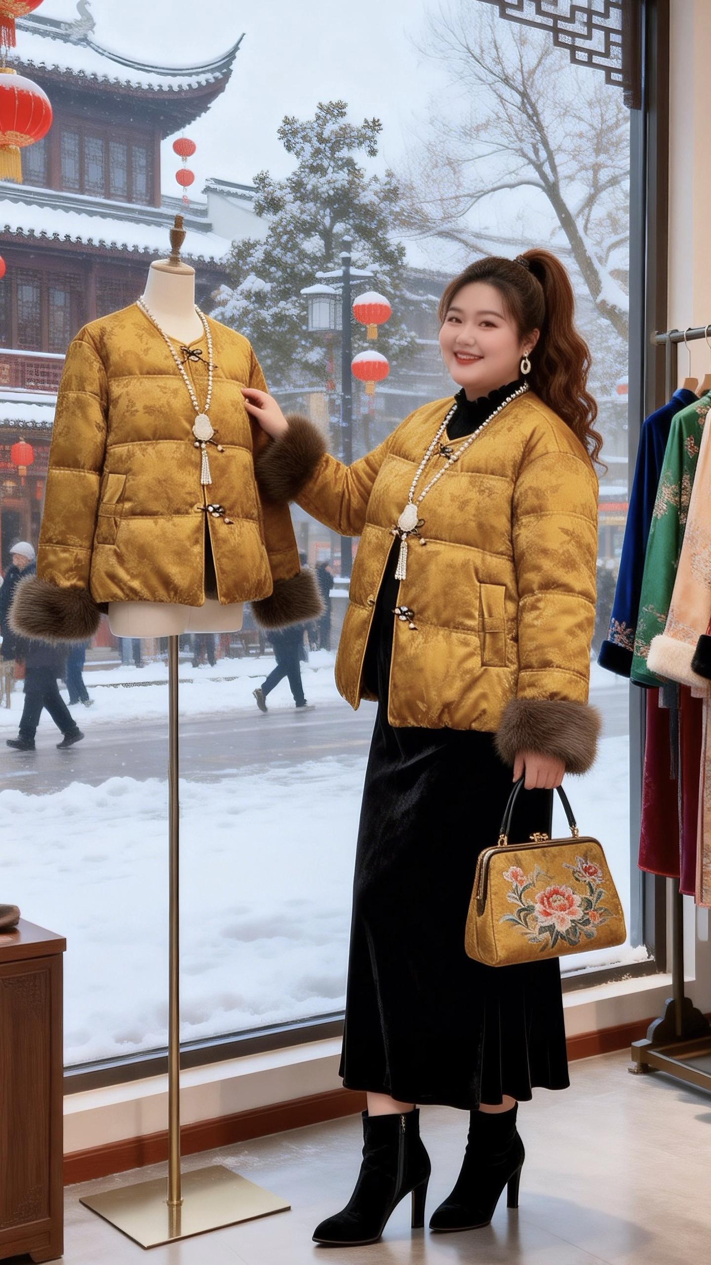 大码女装 国风棉服胖妹妹的冬季有效穿搭新年好运红我先穿上了 棉服也能穿出时尚感