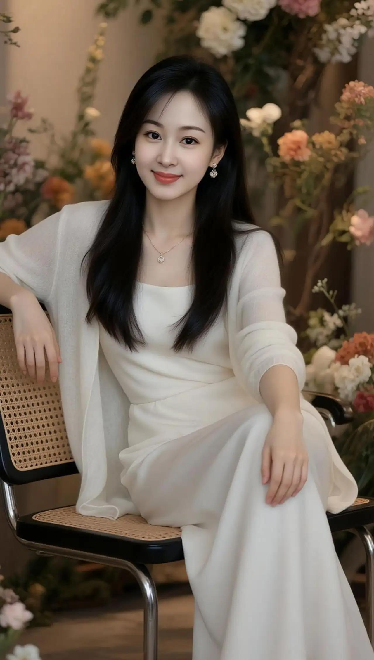 优雅白裙少女，花海中的温柔时光🌸🌺🌴