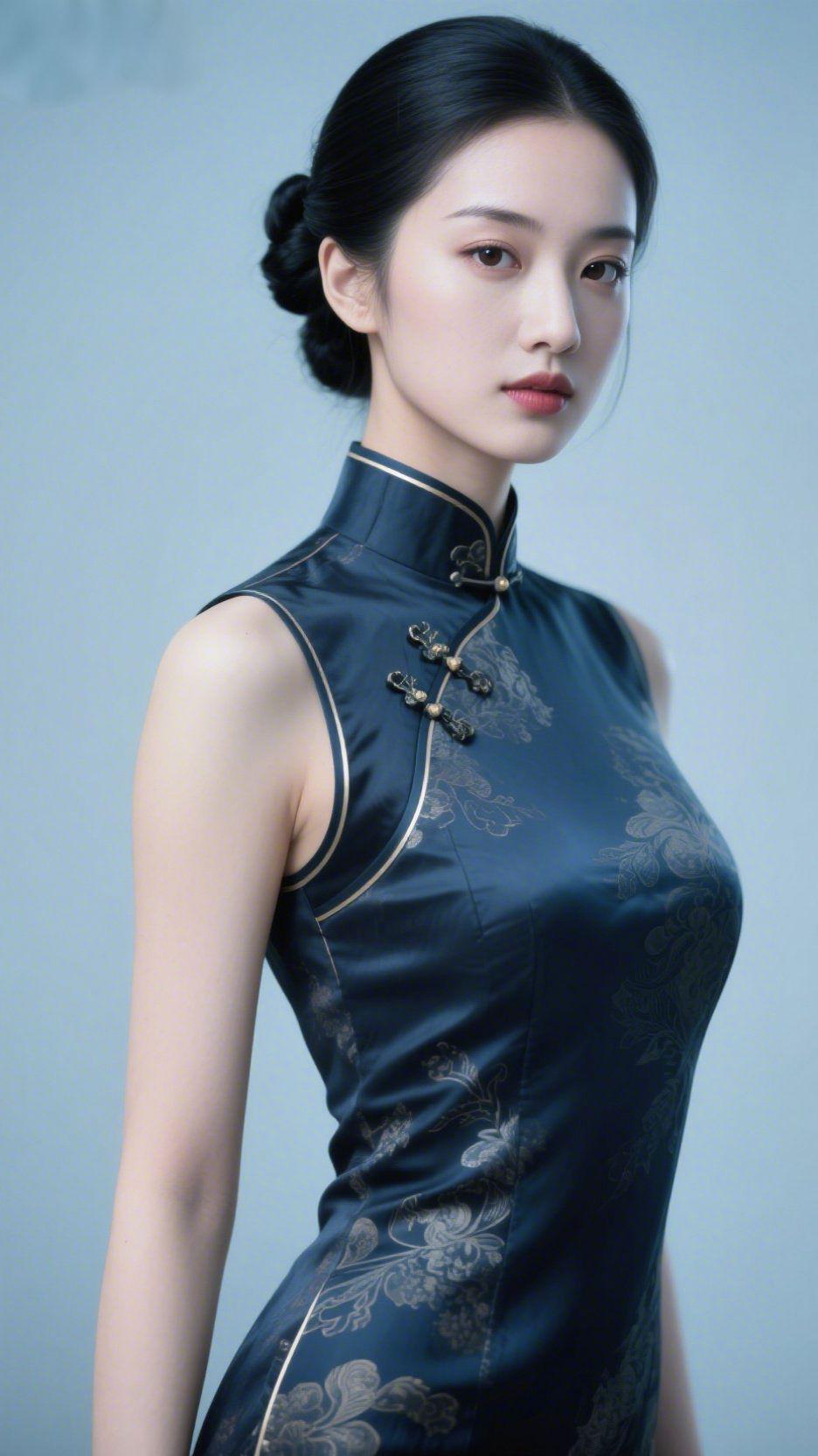 《墨缎凝就国风柔》
 
浅灰背景里，墨色旗袍如浸了薄雾的丝缎，暗纹花枝在衣料上轻