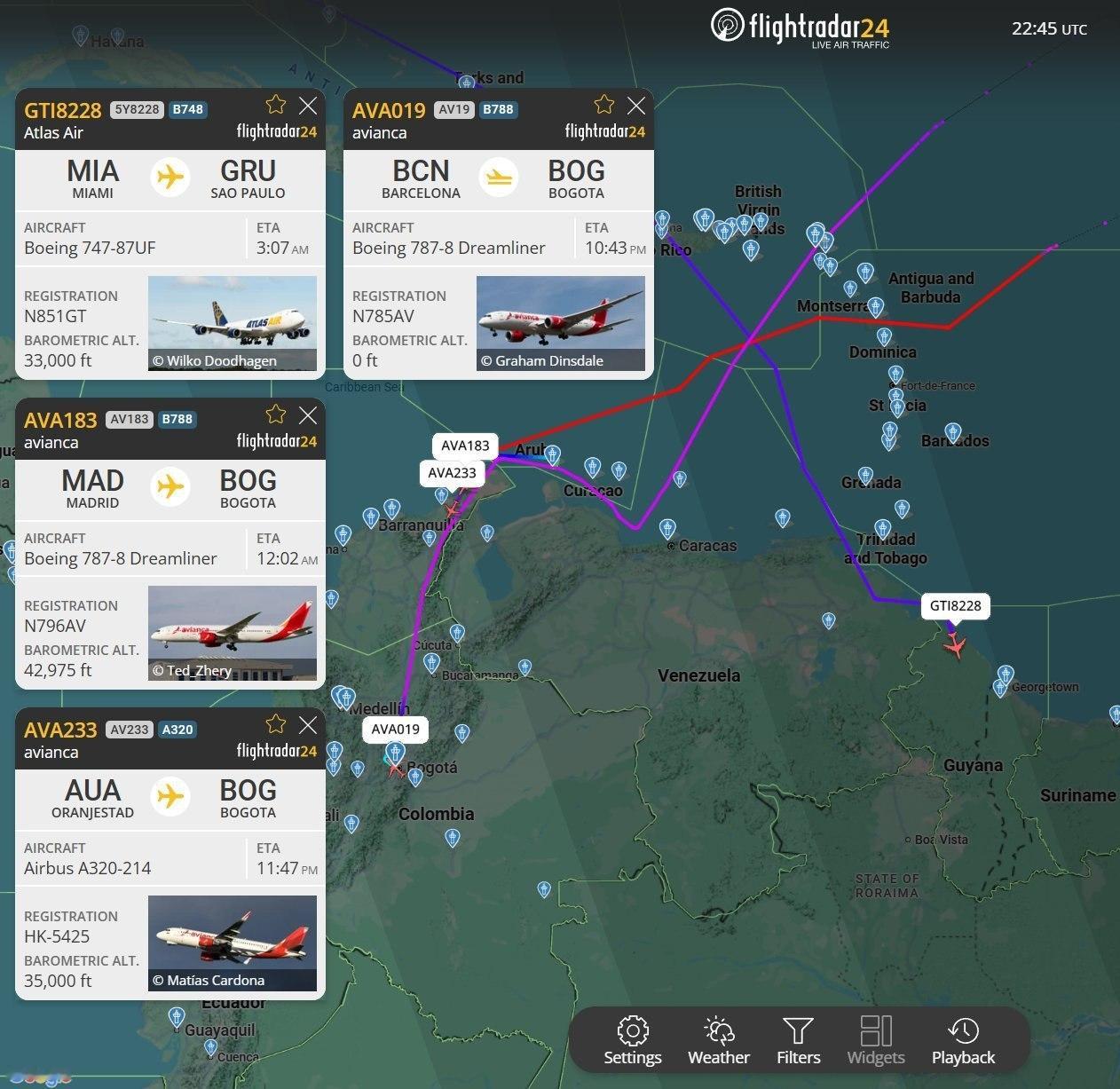 ❗在美国发布航行通告限制委内瑞拉整个空域后，民用飞机正在避开委内瑞拉空域。