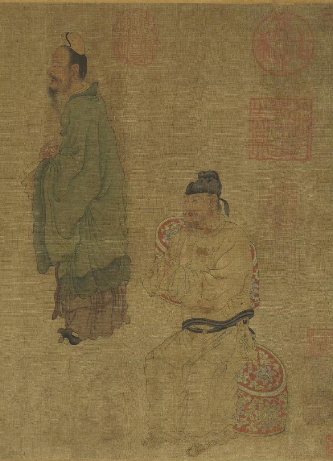 《明皇会棋图》卷传为五代南唐周文矩画。旧传描绘唐代宫廷的围棋活动，唐明皇（玄宗）