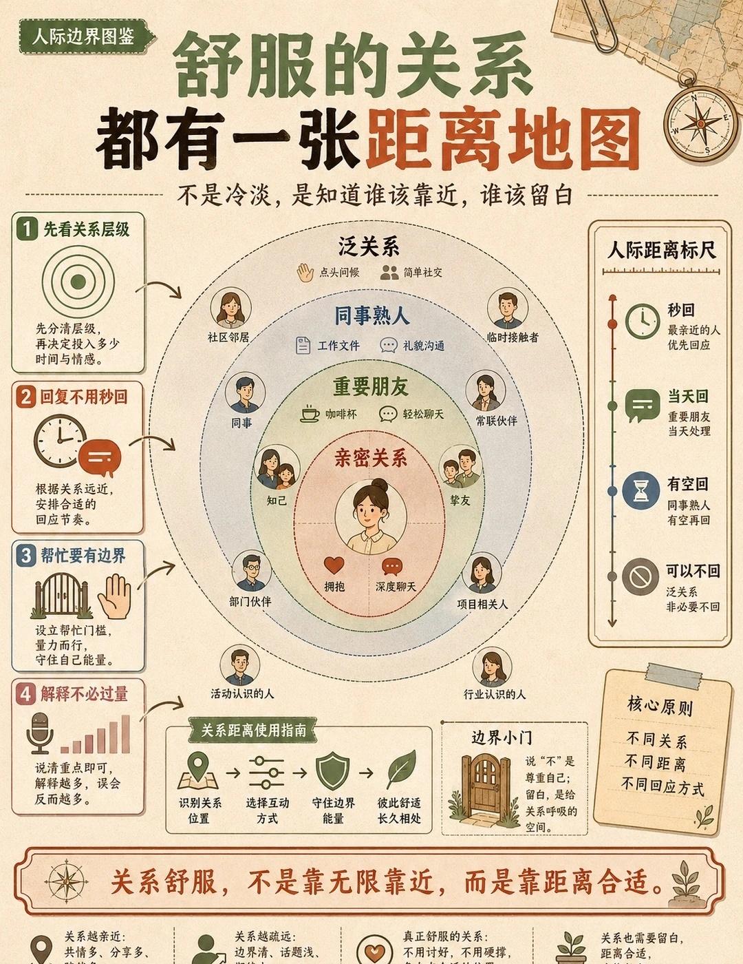 舒服的关系，都有一张距离地图🌿
以前总觉得关系好，
就要多解释、快回复、多帮忙