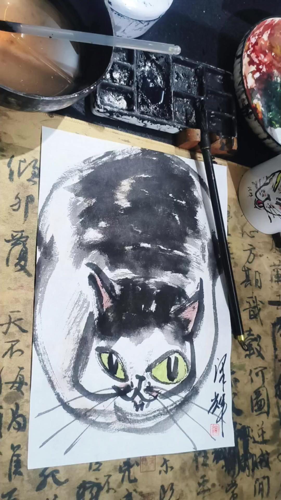 【随机抽画毛孩水墨创作】🎨今天被水墨猫猫的创意惊艳到了！突然想给家里毛孩子也来