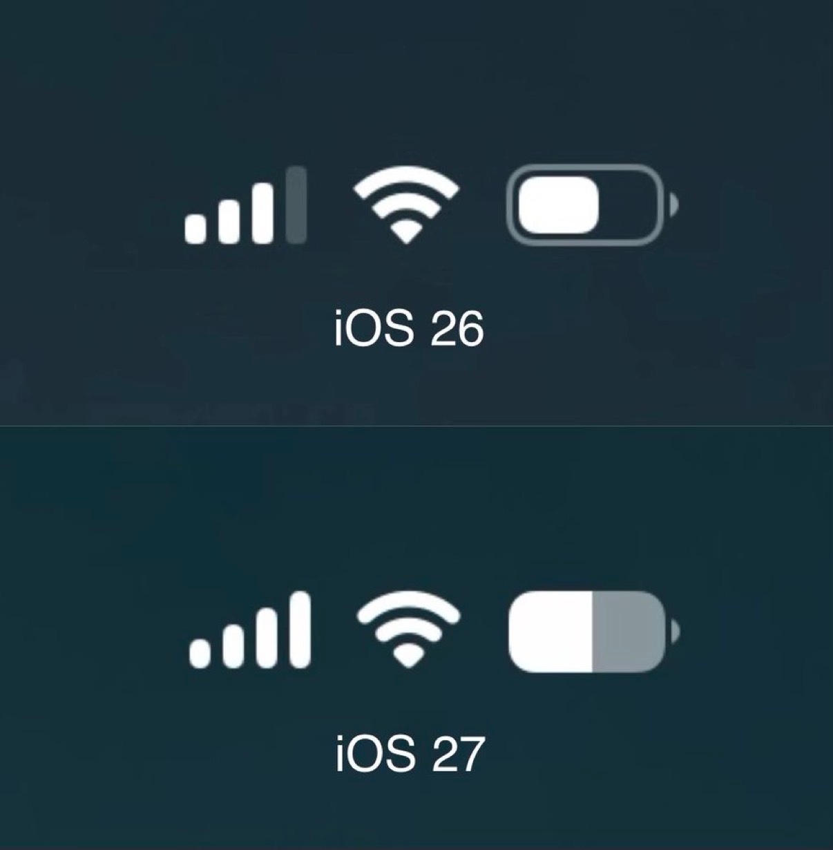 iOS27不管关闭电量百分比图标变了，信号和Wi-Fi也变了，矩形变成圆形。 