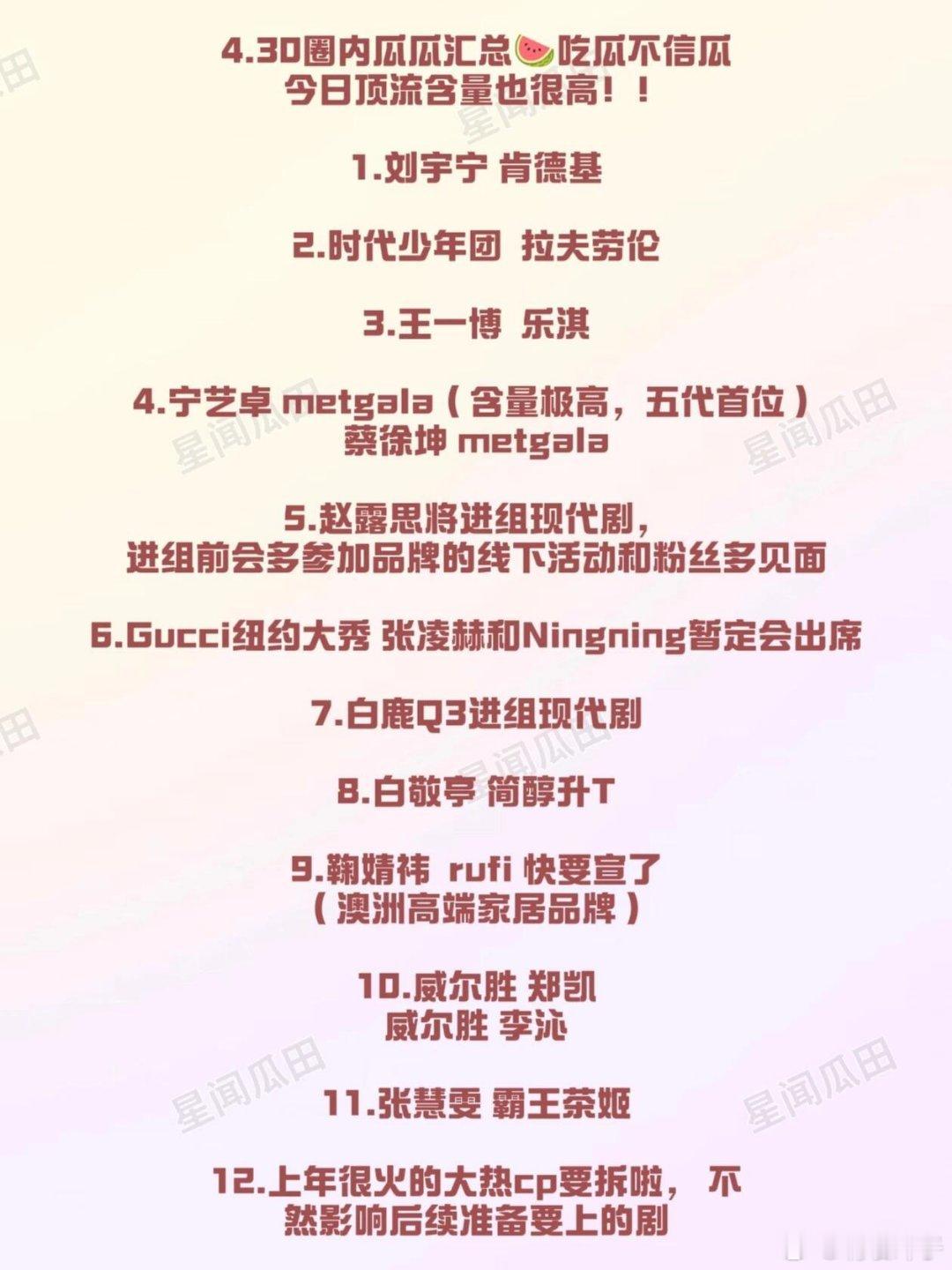 4.30娱圈吃瓜🍉今日瓜田顶流含量极高💛仅供吃瓜，一切以官宣为准哦刘宇宁时代