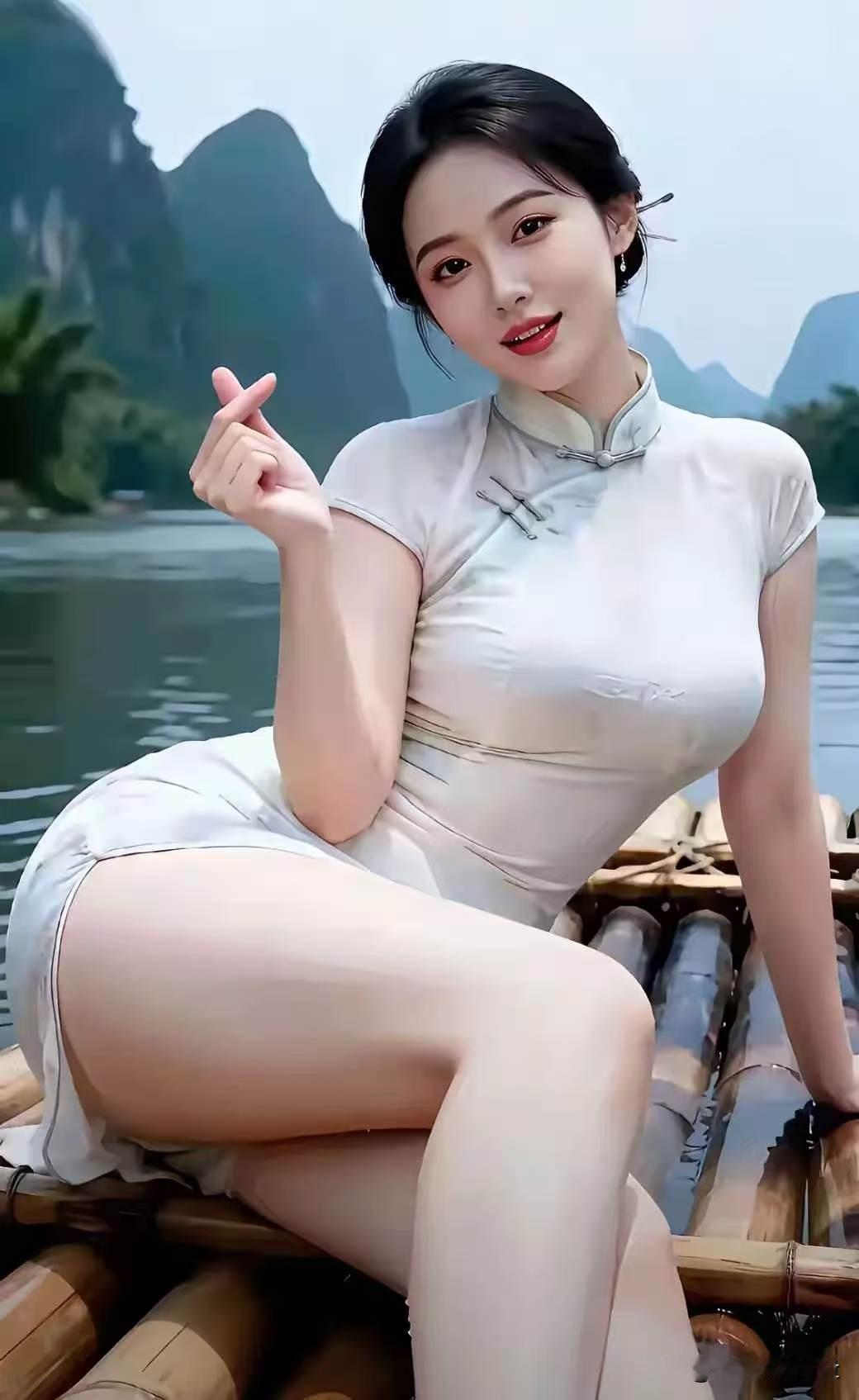 钗头凤·竹溪倩影
 
青峰皱，清波柔，素旗袍拢身姿秀。
云鬟束，眸光熟，指尖轻挑