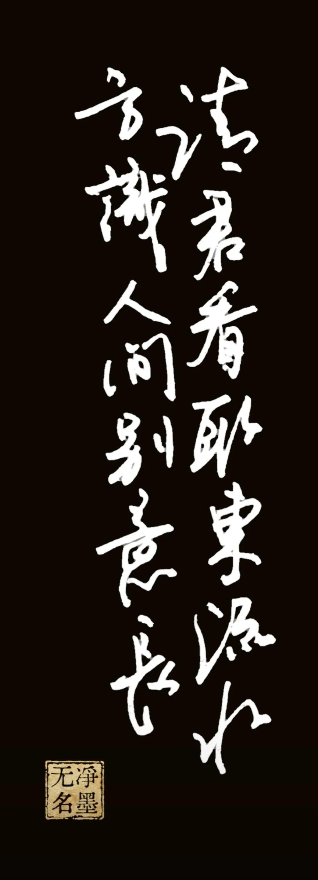请君看取东流水，
方识人间别意长。

书写简评
黑底白字行草，牵丝灵动飘逸，笔画