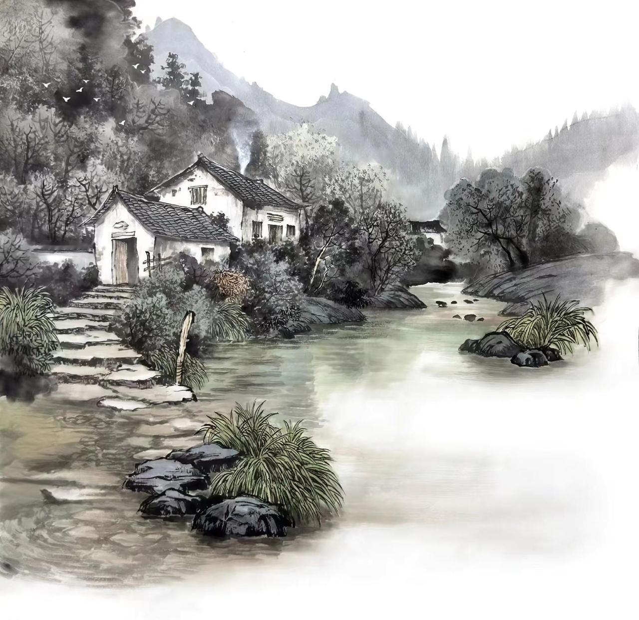 【 春山溪居】。国画山水创作者中心 创作灵感 国画挑战 书画欣赏