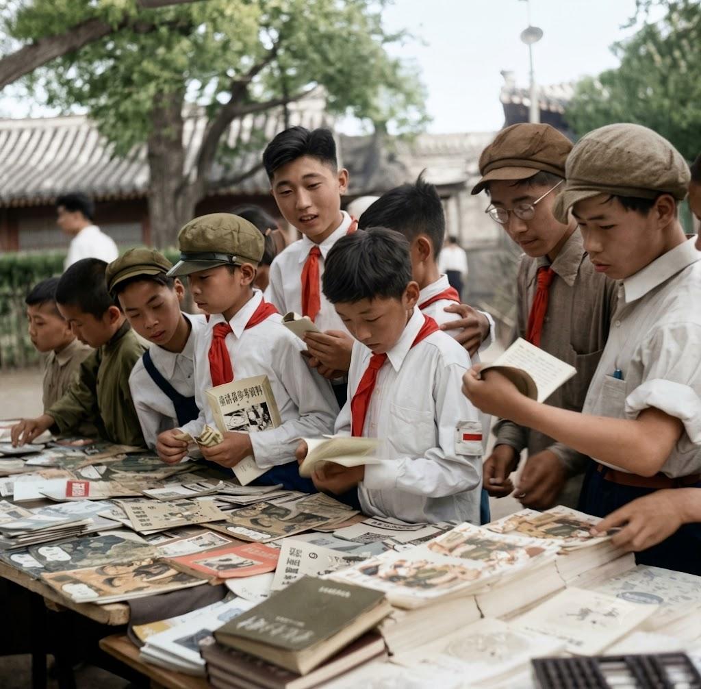 1951年，北京中山公园，新华书店售书亭前，孩子们正围着书摊挑选儿童读物。
一群