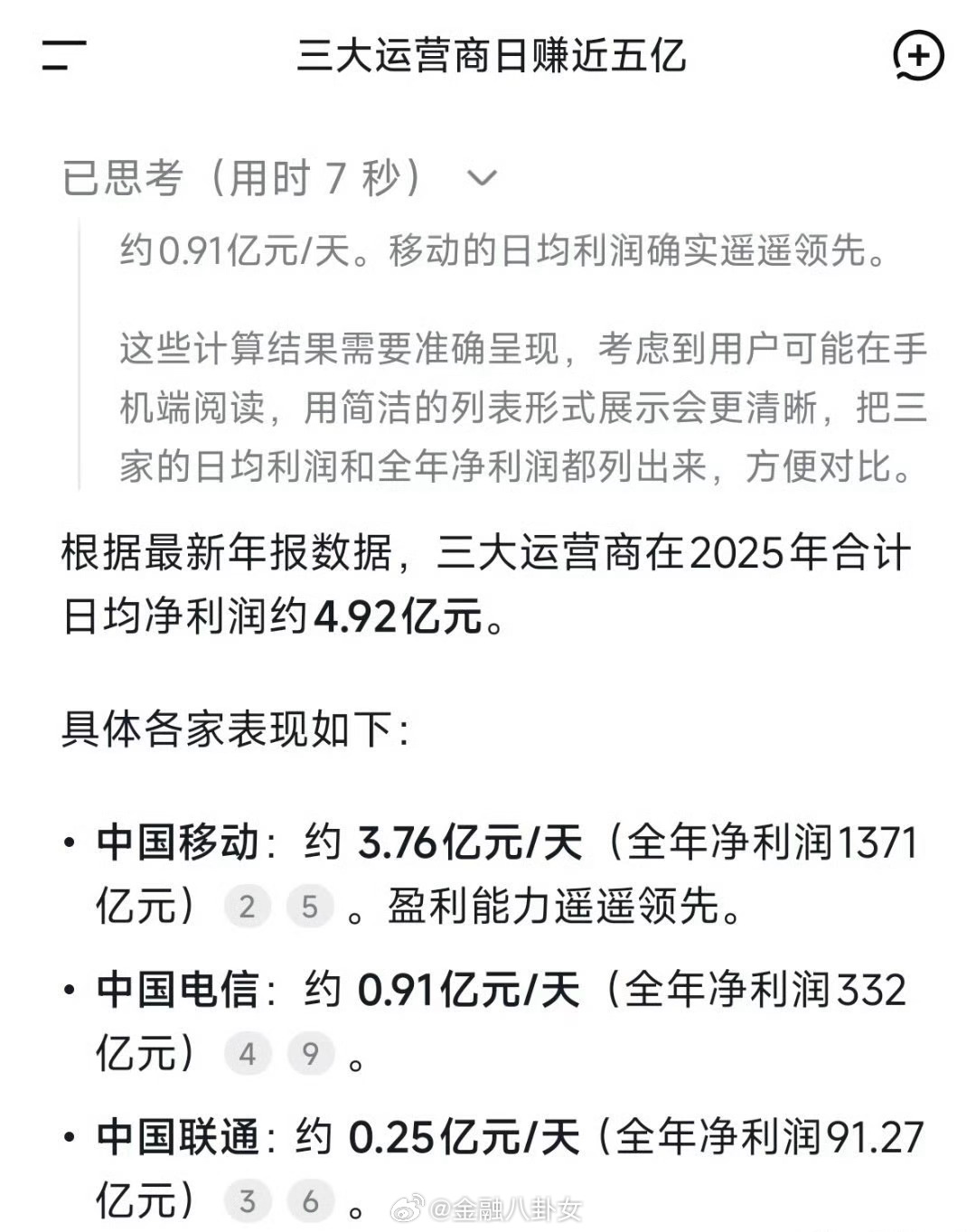中国移动日赚3.76亿中国移动日赚3.76亿元，中国电信日赚0.91亿元，中国联