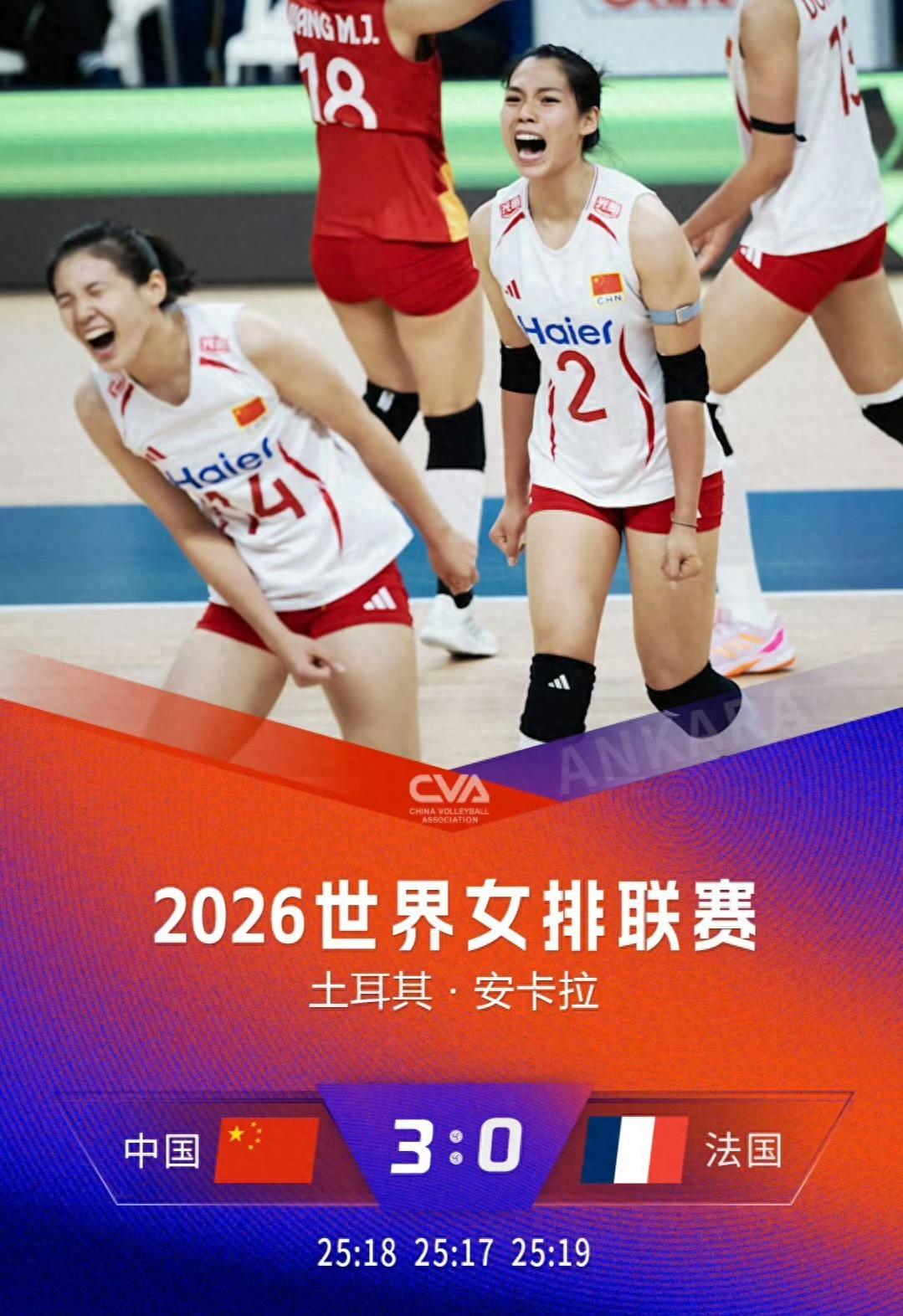 世界女排联赛安卡拉站第二轮的第二场较量，中国女排以21-18、25-17、25-