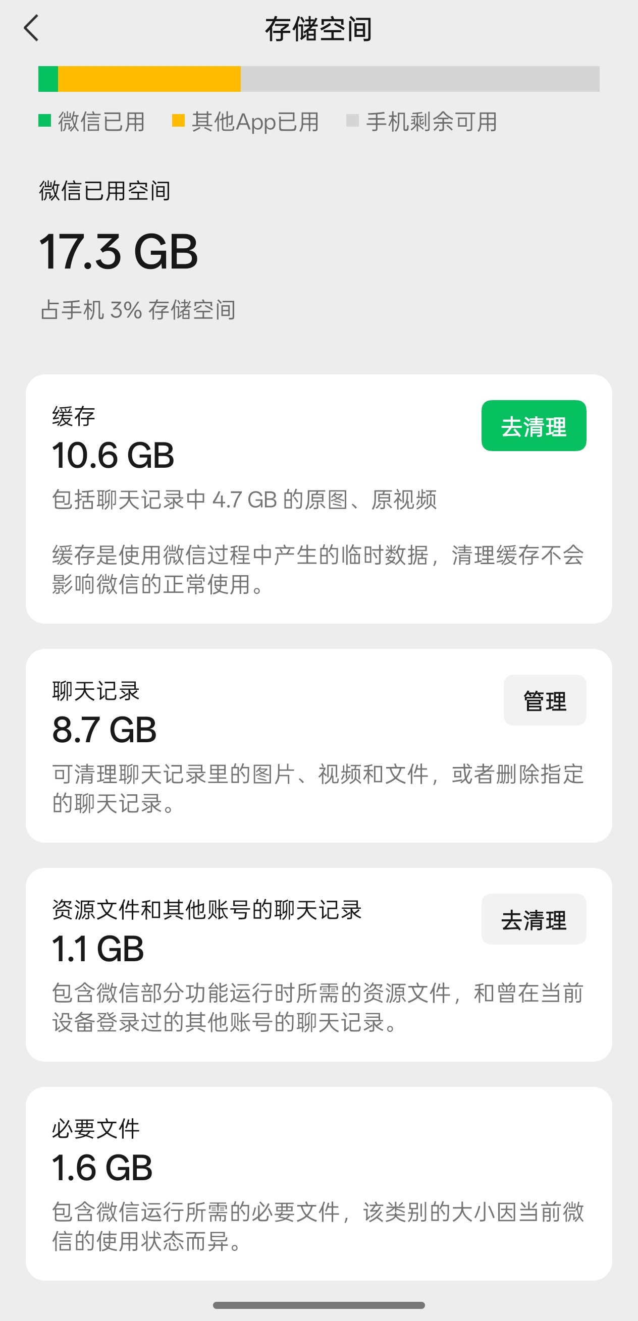 清理缓存前记得看下日志，这里边会包含聊天记录中的图片或者视频，如果有重要的资料记
