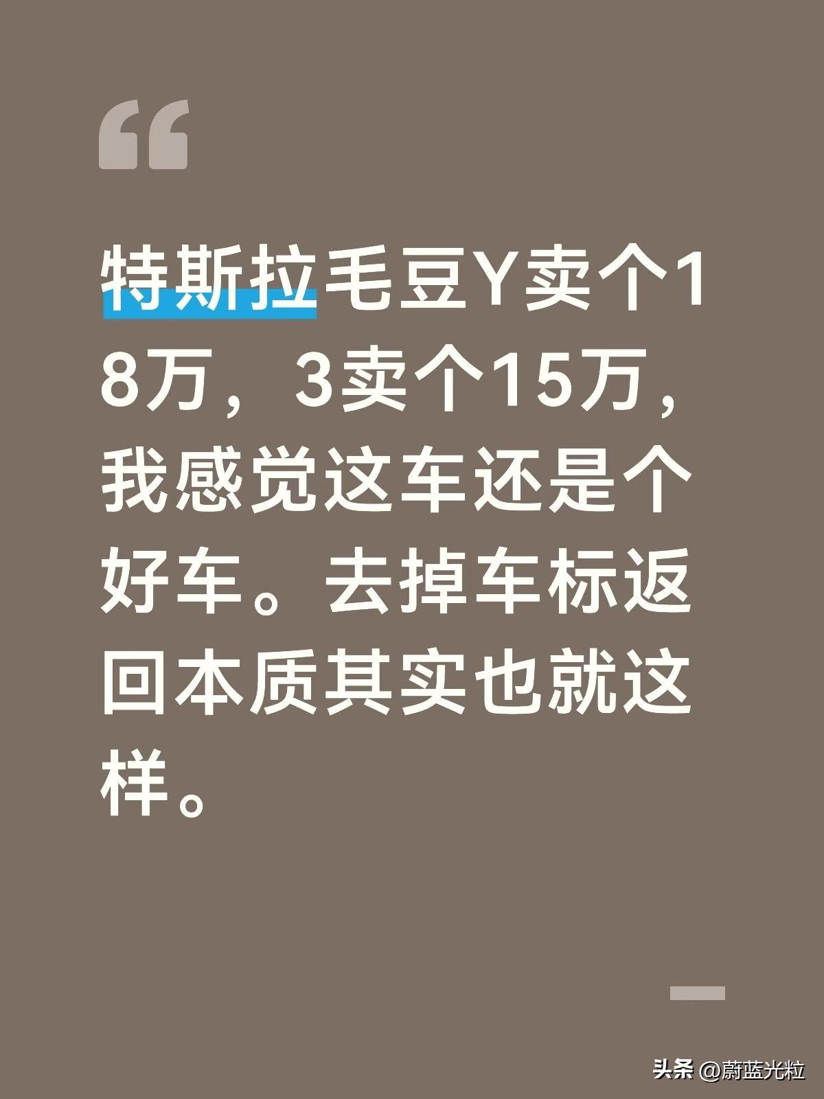 特斯拉毛豆Y卖个18万，3卖个15万，我感觉这车还是个好车。去掉车标返回本质其实