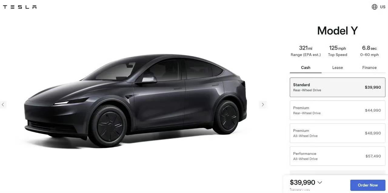 39990美元起售！精简版ModelY美国市场售价公布。Model 3 标准版，