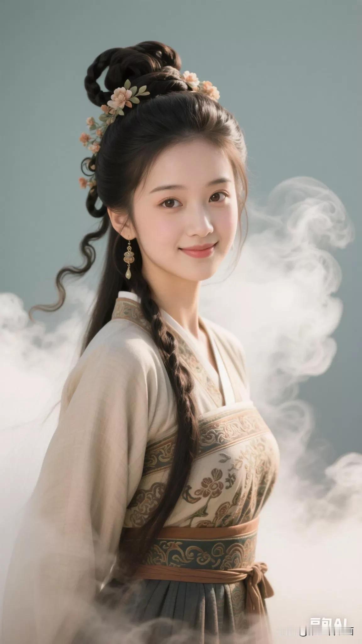 古典美人，云雾缭绕，韵味十足。张立启原创书画AI作品古仕女发髻集锦首发第361期