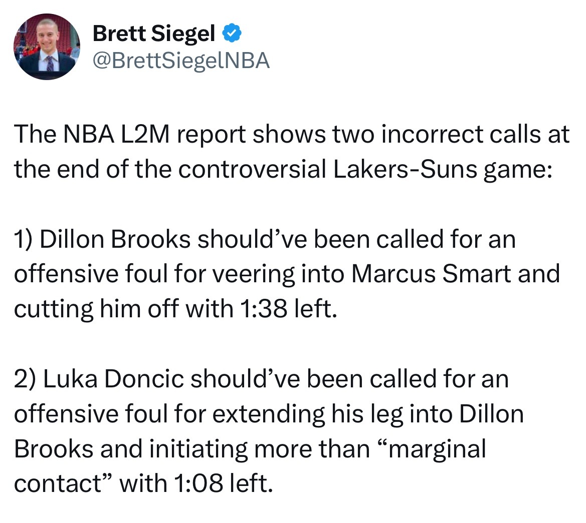 NBA L2M 报告显示，在备受争议的湖人队与太阳队的比赛最后阶段，出现了两次误