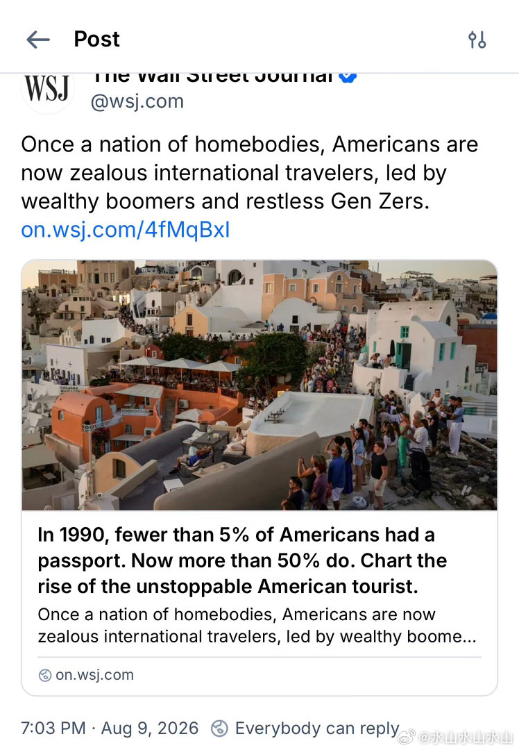 曾经美国是个恋家的国家，1990年只有5%国民有护照。现在超过50%美国人有护照