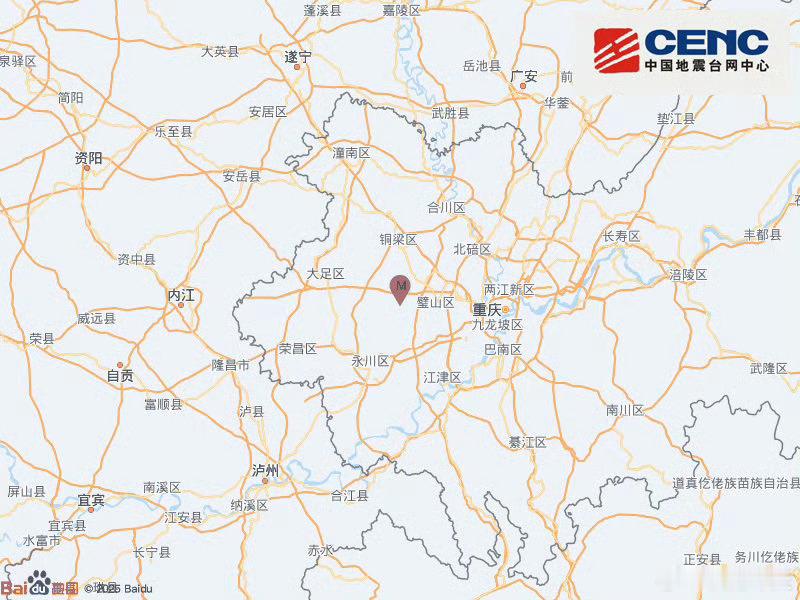 地震快讯中国地震台网正式测定：04月14日11时53分在重庆铜梁区（北纬29.6