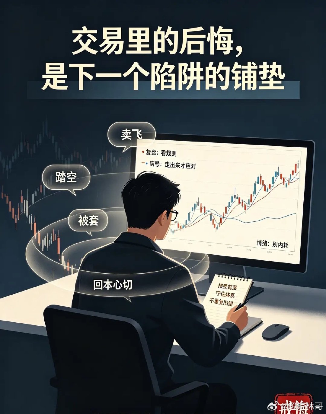 做股票交易，你的每一次后悔，都为下一次掉入陷阱打下伏笔。几乎所有交易者，都逃不开