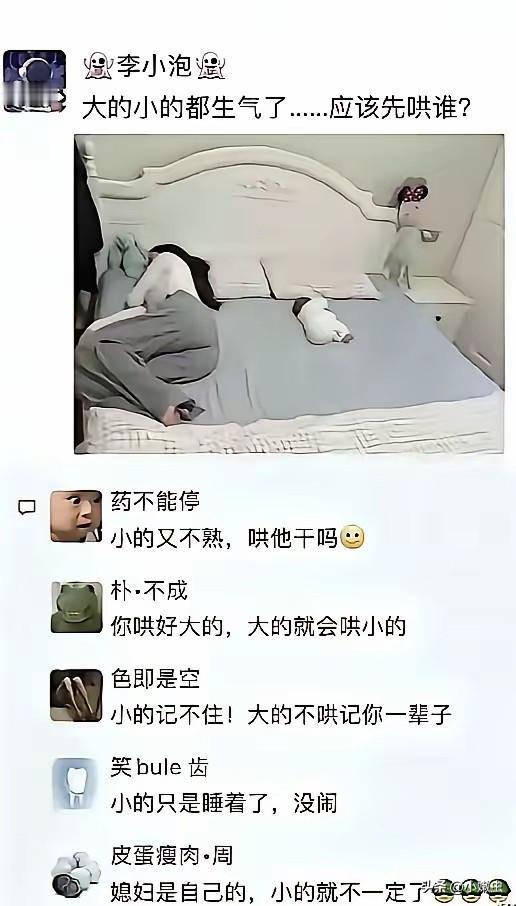 网友分析得对，要把大的哄好。
大的才会喂奶小的，然后家庭幸福美满。
如果这个时候