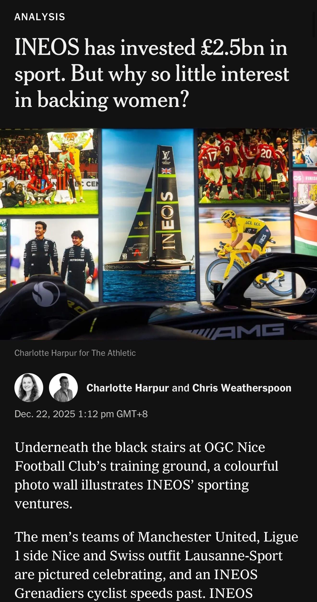 这个角度有点清奇，TA的新文章批评了英力士的重男轻女的体育政策，比如尼斯女足是职