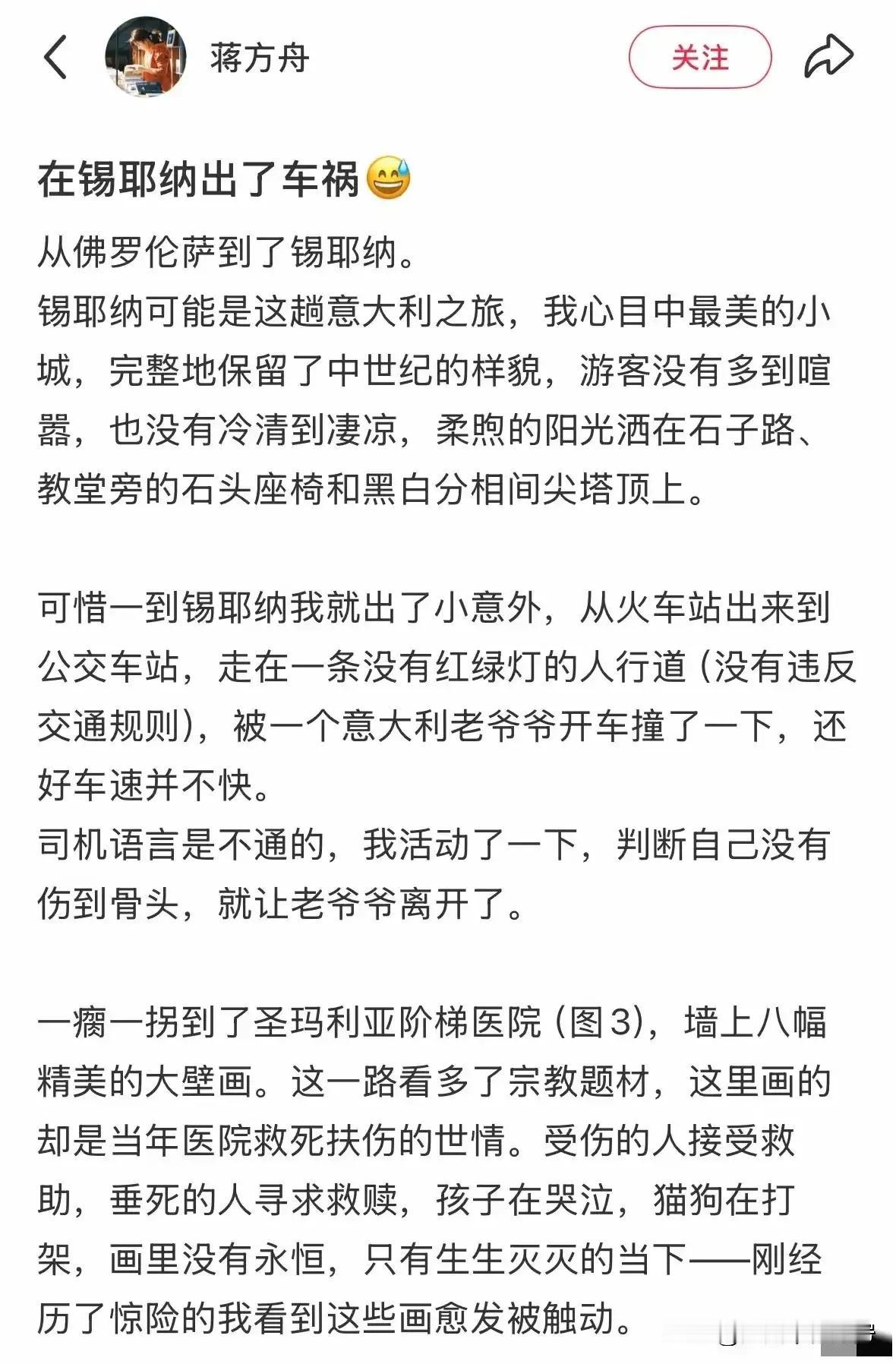 假如蒋方舟在国内被撞
非著名文坛亲日小公主，不，小小公知，在从佛伦罗萨到锡耶纳的