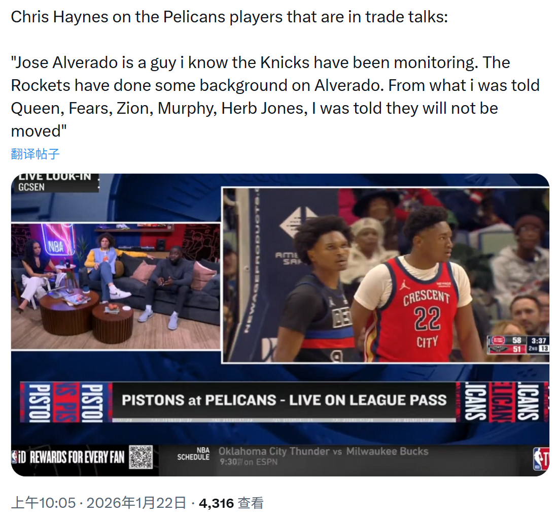Chris Haynes谈鹈鹕：“尼克斯一直在关注阿尔瓦拉多，火箭也对阿尔瓦拉多
