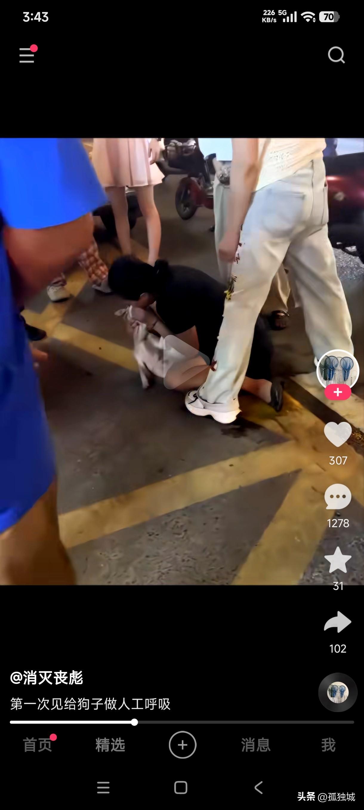 给人做人工呼吸的见的多了，第一次见到给狗做人工呼吸，给狗子做人工呼吸，狗嘴那么大