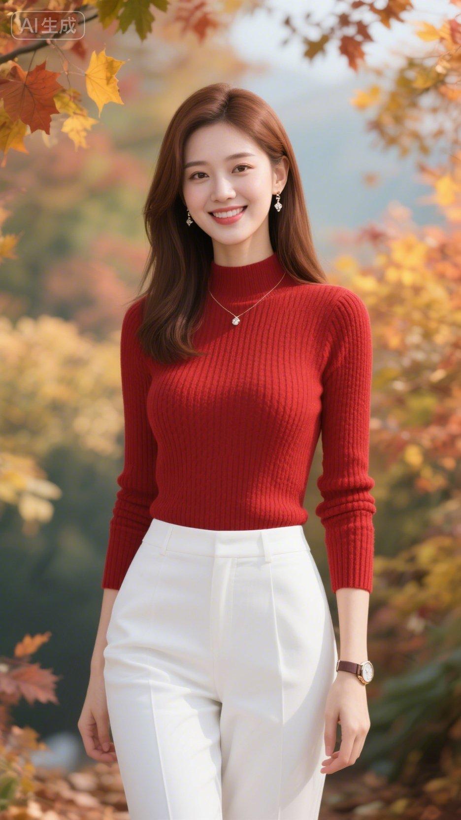 秋日暖阳下，红衣少女笑靥如花🍂🌞