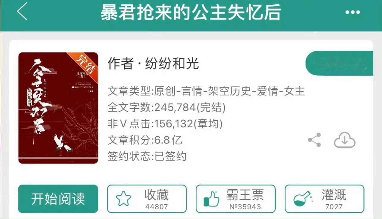 小说推荐：《暴君抢来的公主失忆后》 作者:纷纷和光简评：貌美单纯小公主vs偏执深