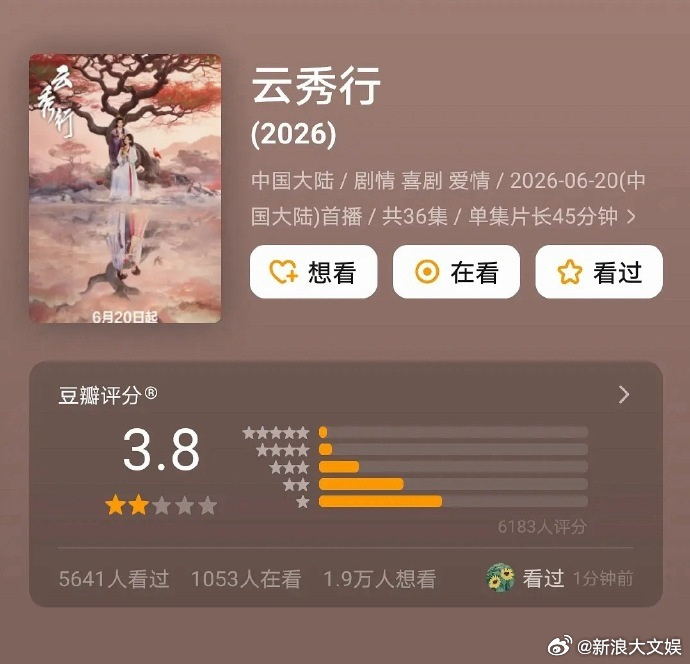 云秀行开分3.8分 《云秀行》豆瓣开分3.8，你认为高了低了？ 